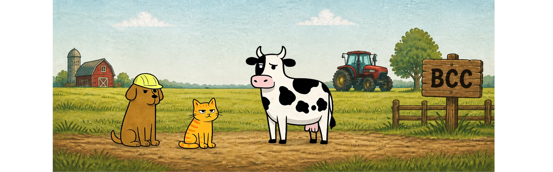 Barkman, Catman and Cowman together on BarkCatCow Farm.