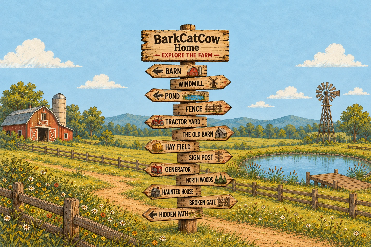 BarkCatCow Home. Explore the Farm. A drawn farm signpost with space above and below, with directions to the Pond and other farm places.
