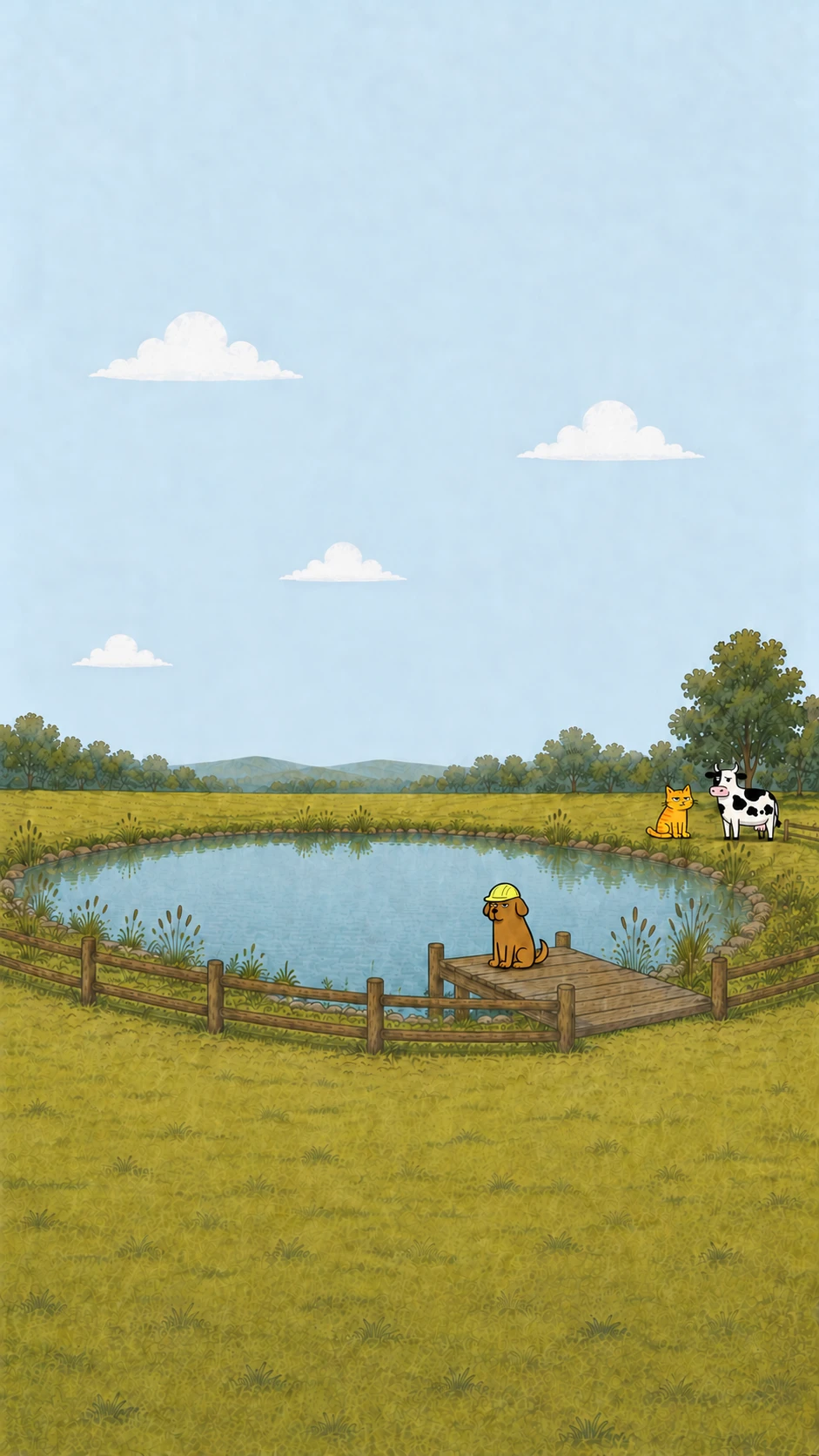 Barkman sits facing left across the pond from the jetty while Catman and Cowman talk beneath the tree on the far bank.